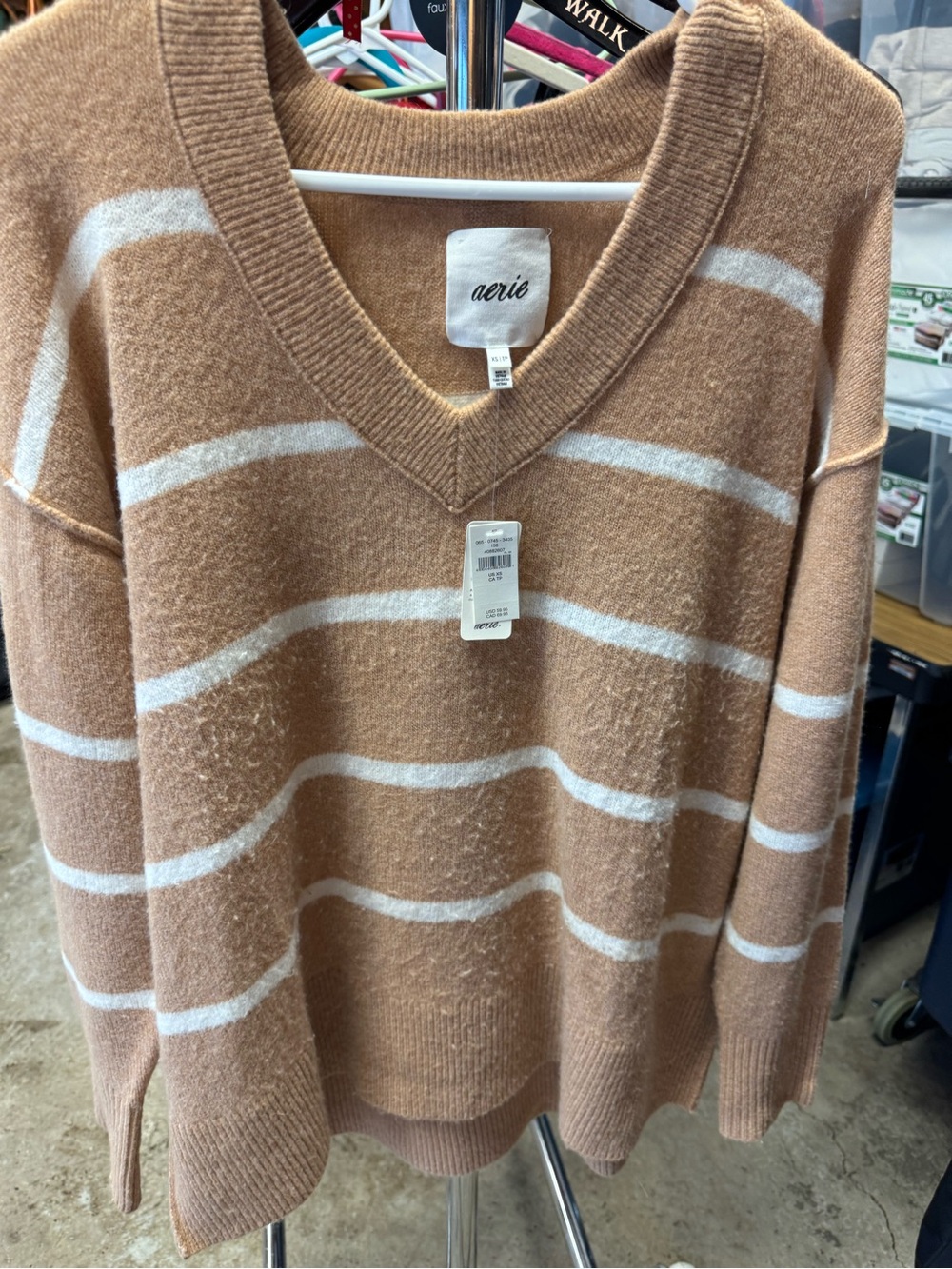 NWT aerie Tan and Cream Striped V-Neck Sweater